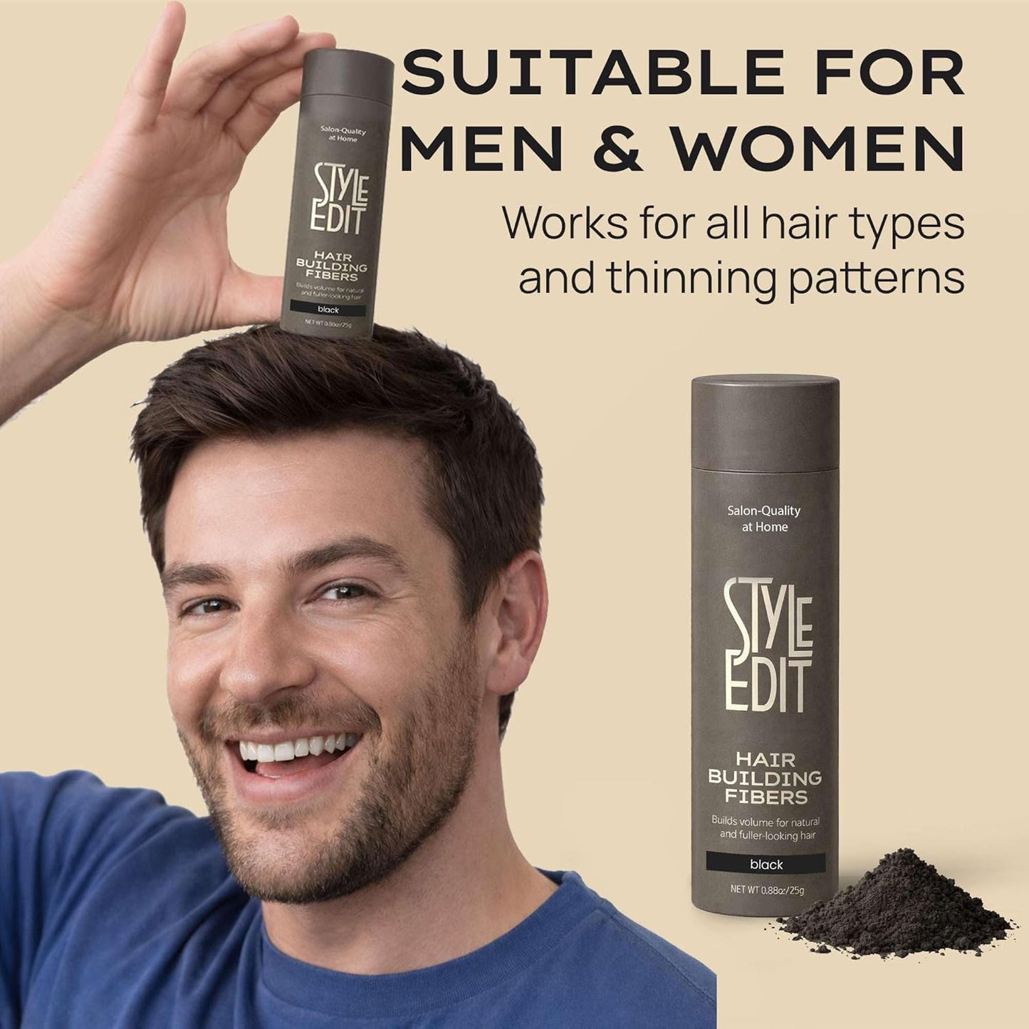 Style Edit Hair Building Fibers - Conceal Thinning Hair & Bald Spots | Plant-Based Thickening Powder, Black 0.88oz