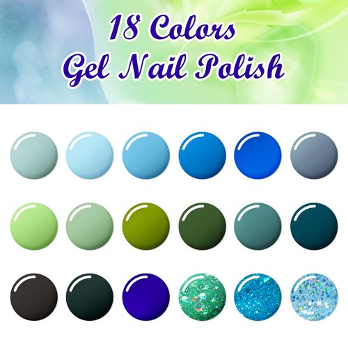MTSSII 18 PCS Gel Nail Polish Set, Green Blue Gel Nail Polish Soak Off UV Polish For All Season Nail Art Salon Or Home Gift For Women