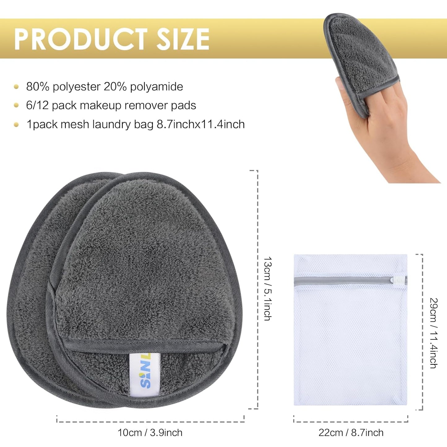 SINLAND Reusable Makeup Remover Pads - Gentle Microfiber Cleansing Cloths for All Skin Types | Grey, 6-Pack (5.1"x3.9")