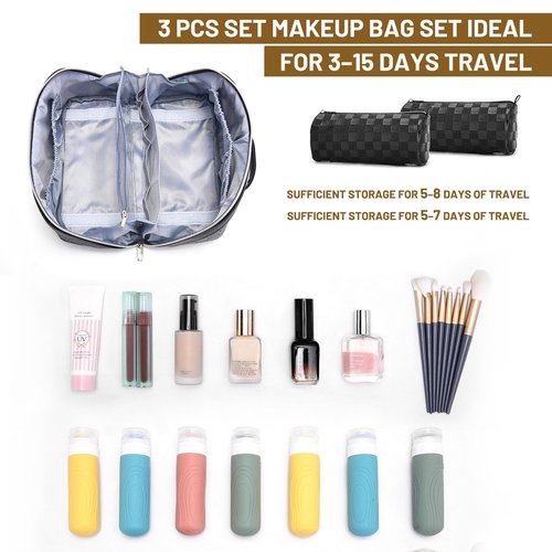 BOYATU Travel Makeup Bag Organizer: 3 Pcs Set Large Capacity Cosmetic Bags Holds 10–20 100ml Full-Size Bottles for 3–15 Day Trips - 180°Open-Flat Make up Case 3-sec touch-up - Toiletry Bag Gift women