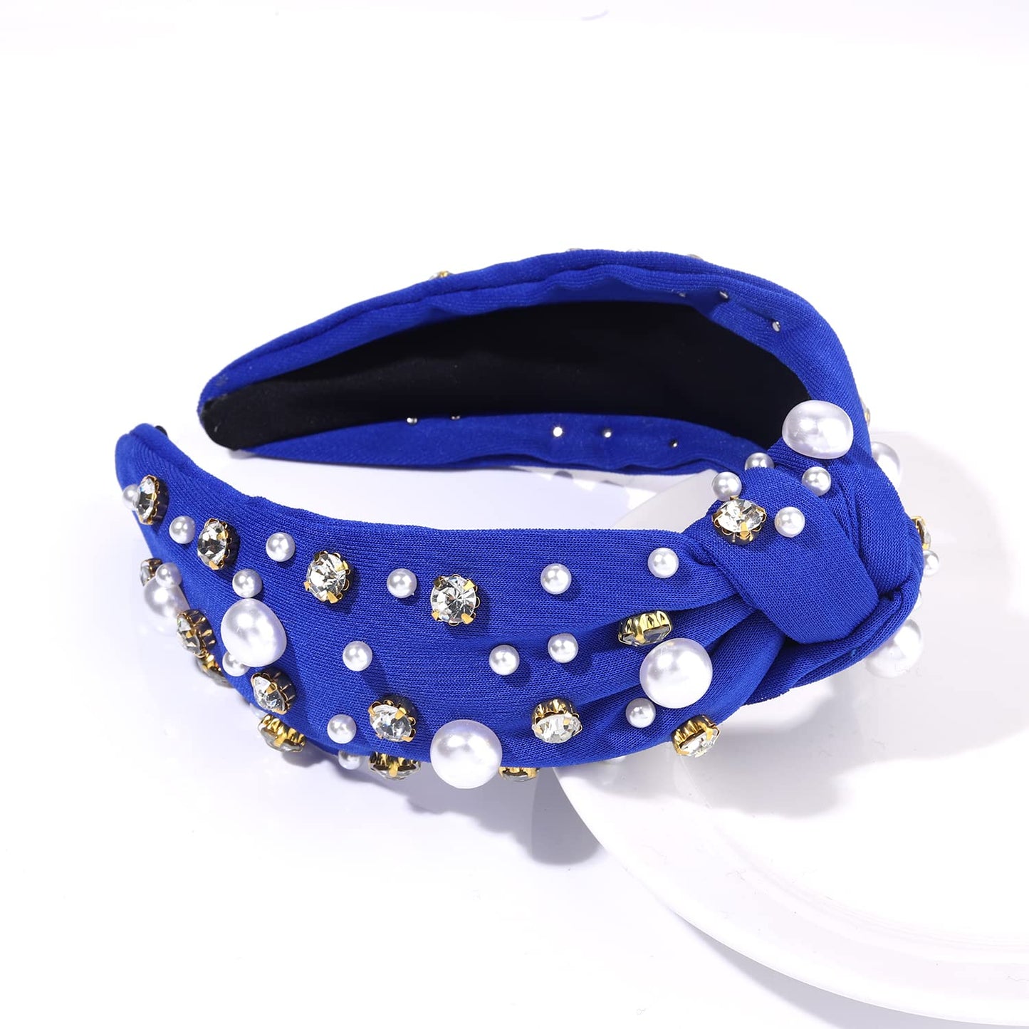 GLBCC Pearl Headband Sparkly Rhinestone Pearls Knot Hairband Wide Knotted Headband Headpiece Spring Summer Pink Black Headbands Headwear Accessories (Royal blue knot hairband)