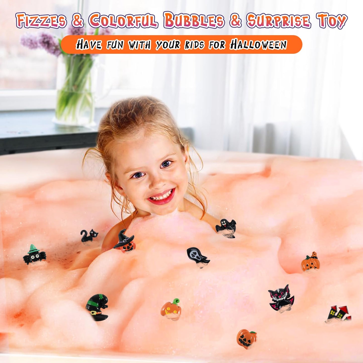 Halloween Gifts for Kids - 16pcs Halloween Bath Bombs for Kids with Halloween Toys Inside Halloween Party Favors for Kids Goodie Bag Fillers Natural Organic Bubble Bath with Spooky Pumpkin Bath Bombs