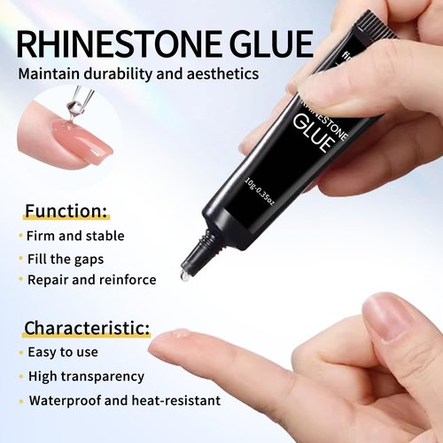 Rhinestone Glue Gel Kit- Superior Nail Art Glue for Nail Art Decorations, Charms, 3D Bling, Gems, Jewel Diamonds UV/LED Easy Application with Nail Rhinestone Glue Kit with Dotting Pen