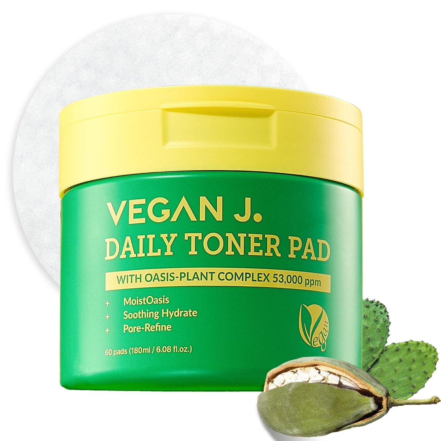 Vegan J Daily Toner Pads - Exfoliating & Hydrating | Oasis-Plant Complex 53,000ppm | 100% Cotton (60 Pads)