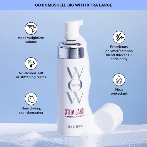 COLOR WOW BIG, Bomshell Bundle - The ultimate volumizing duo for fine, thin, limp hair. RAISE THE ROOT creates all-day lift at the roots while XTRA LARGE adds weightless mass for thick, glossy hair.