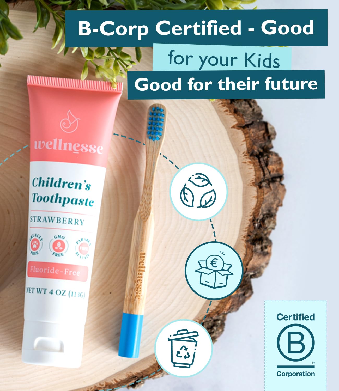 Wellnesse Kids Hydroxyapatite Toothpaste with Xylitol & Fluoride-Free - Natural Ingredients with Strawberry Flavor - Suitable for Toddlers to Baby Kids Toddler - Sensory Friendly, Vegan & Cruelty-Free