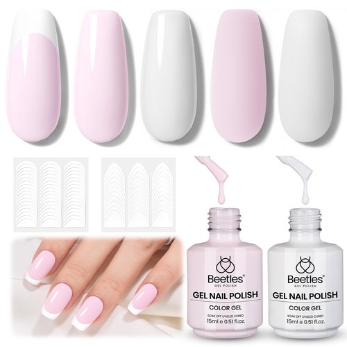 Beetles French Tip Gel Polish Set - Spring White Pink Gel Nail Polish Set 15ML Full Size Soak Off UV LED with 2 Styles Classic French Nail Art Sticker Sheets Manicure DIY Home Salon Gifts for Women