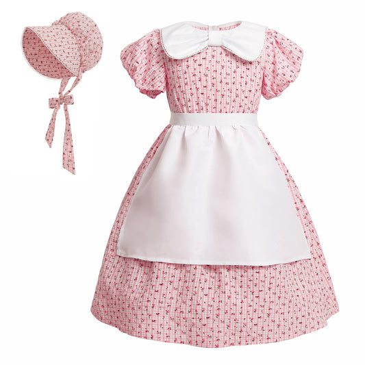 LTAKK Prairie Dresses Girls Pioneer Colonial Costume Girl Pilgrim Dress with Apron and Bonnet, Pink Plaid Floral, Large