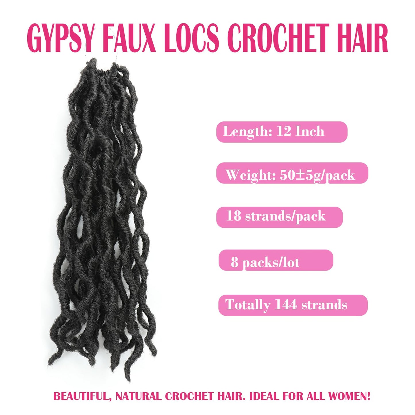 Wavy Gypsy Locs Crochet Hair 12 Inch 8 Packs/Lot Pre-Looped Ombre Goddess Wavy Faux Locs Synthetic Braiding Hair Short Faux Locs Crochet Braids Dreadlocs Hair Extensions (12inch,Black 1B)