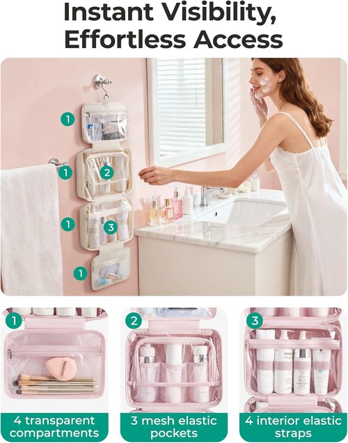 BAGSMART Travel Toiletry Bag - Waterproof Makeup Organizer with Hanging Hook | Pink, Full-Size Accessories