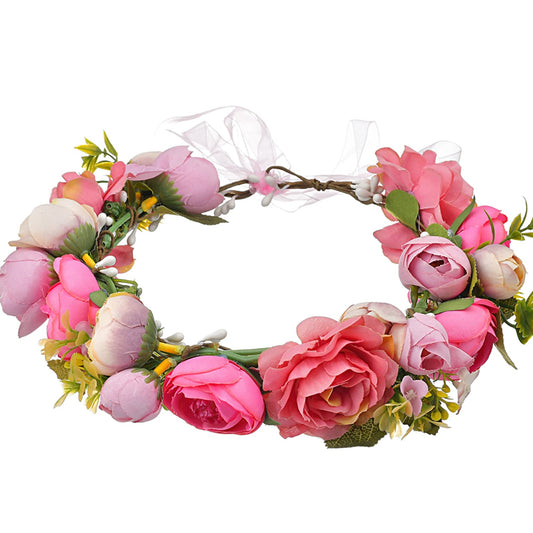 YnimioAOX Handmade Adjustable Flower Wreath Headband Halo Floral Crown Garland Headpiece,M2-rose pink