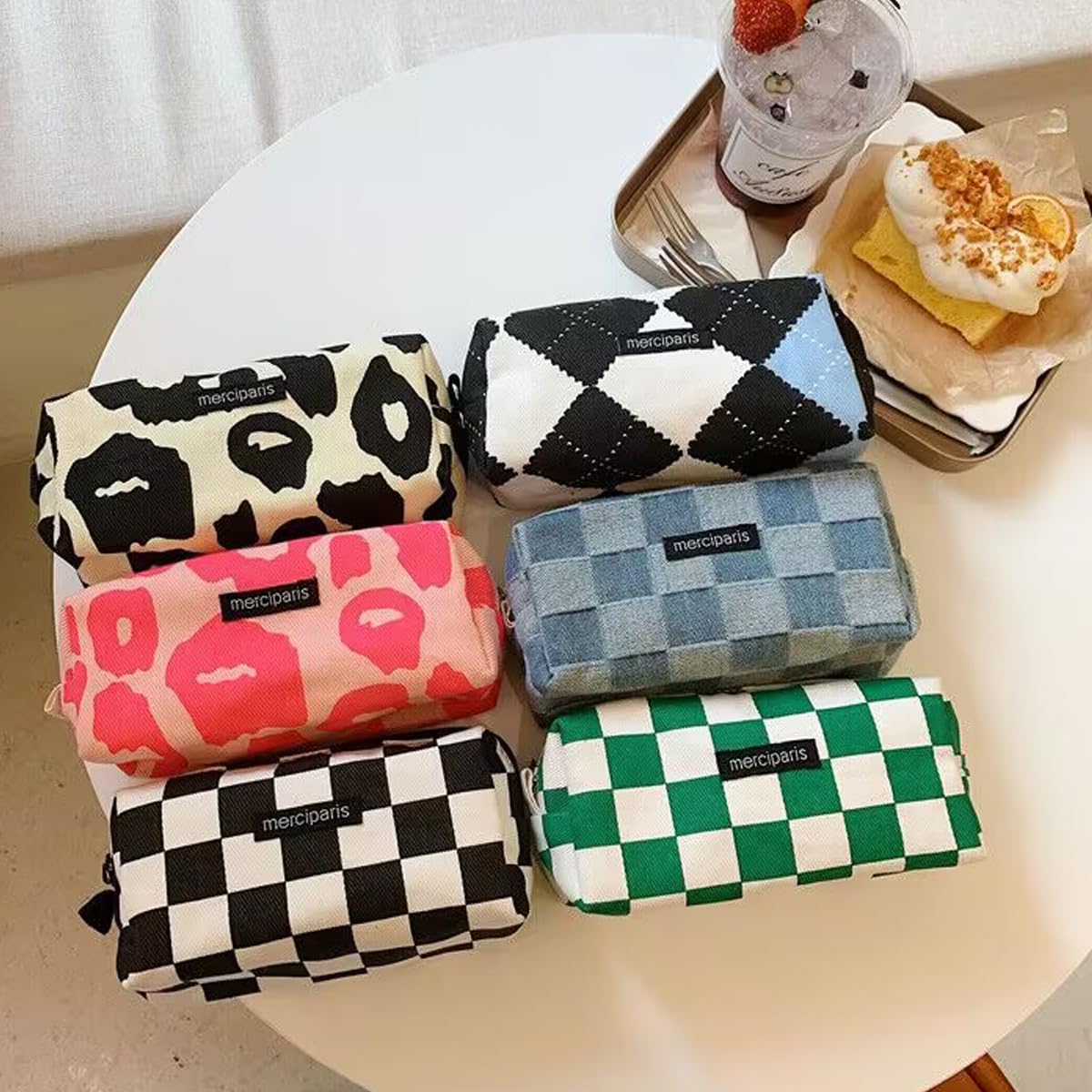 Cosmetic Bags for Women Makeup Bag Large Capacity Purse Travel Toiletry Zipper Storage Pouch Make up Brushes Organizer for Gifts (Checkered, Denim Blue)