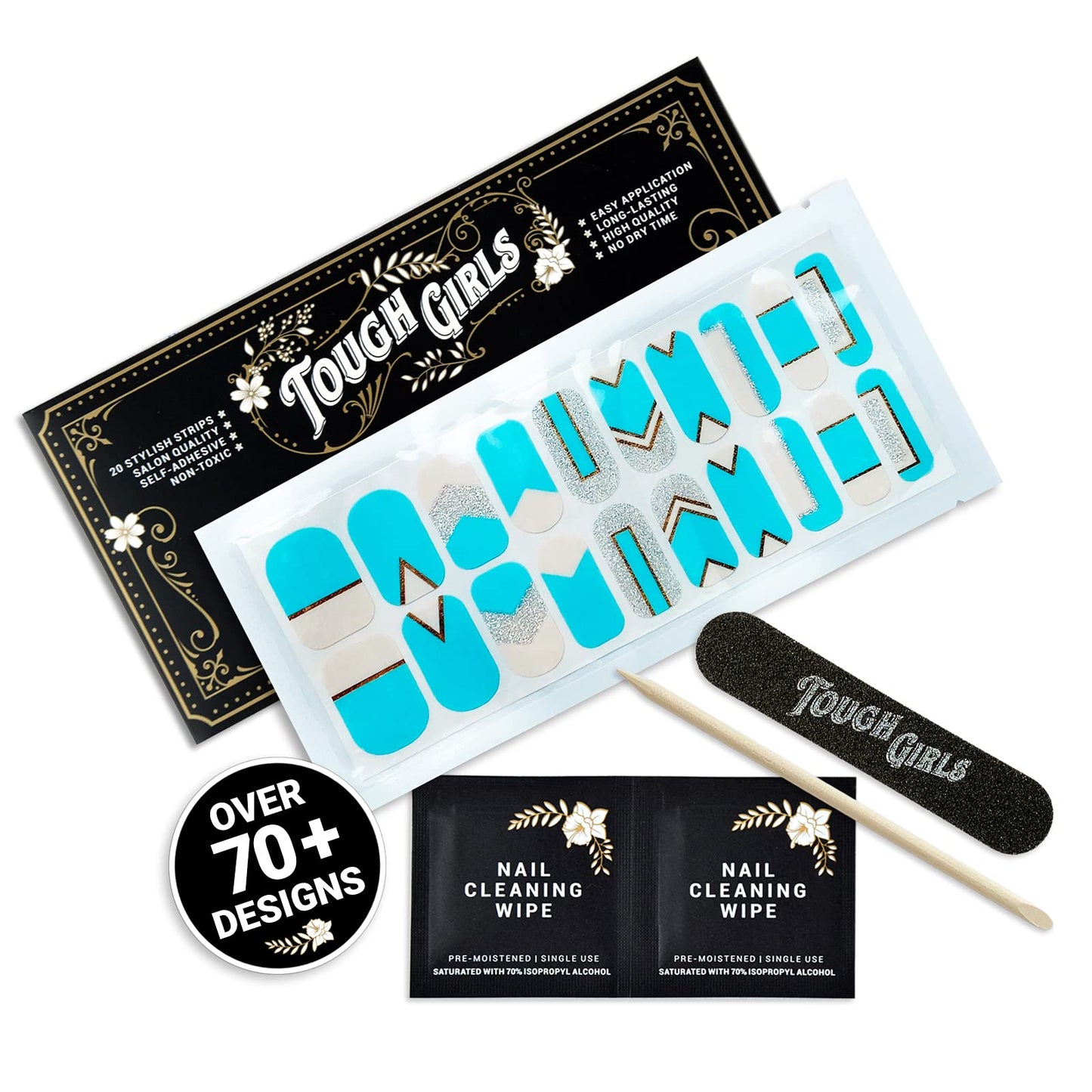 TOUGH GIRLS | 20 Exquisite Gel Nail Polish Strips w/Application Accessories - No UV/LED Lamp Required (Turquoise, Silver Glitter & Gold Lines)