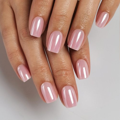 Pink Chrome Press on Nails Square - SHANGMENG Soft Gel Press on Nails Short for Women Gift, Glossy Stick on Nails with Glue in 16 Sizes - 32 Reusable Fake Nails, Aurora Light Pink