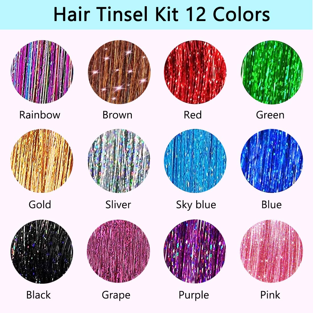 Hair Tinsel Kit (48 Inch,12 Colors, 3000 strands), Fairy Tinsel Hair Extensions with Tools - Glitter Hair Tinsel Heat Resistant Accessories for Girls Women Kids Christmas New Year Halloween Cosplay