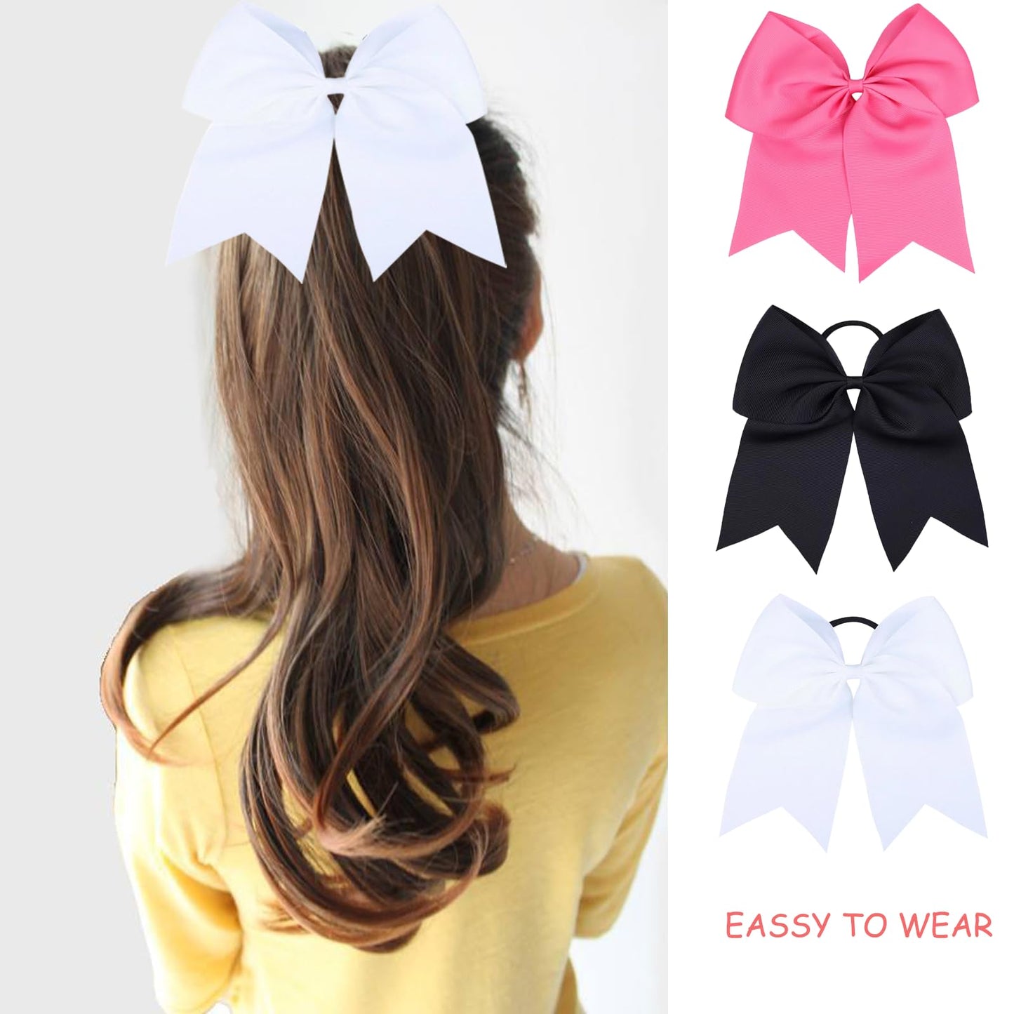 chiduerm 40Pcs 8" Large Cheer Hair Bows Grosgrain Ribbon Elastic Bands Handmade Ponytail Holder for Cheerleading Girls School College Sports (white)