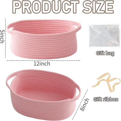 JMvicyroam Woven Basket - Small Rope Storage Bin with Handles for Organizing Shelves & Closets | Pink Gift Basket for Toys & Books