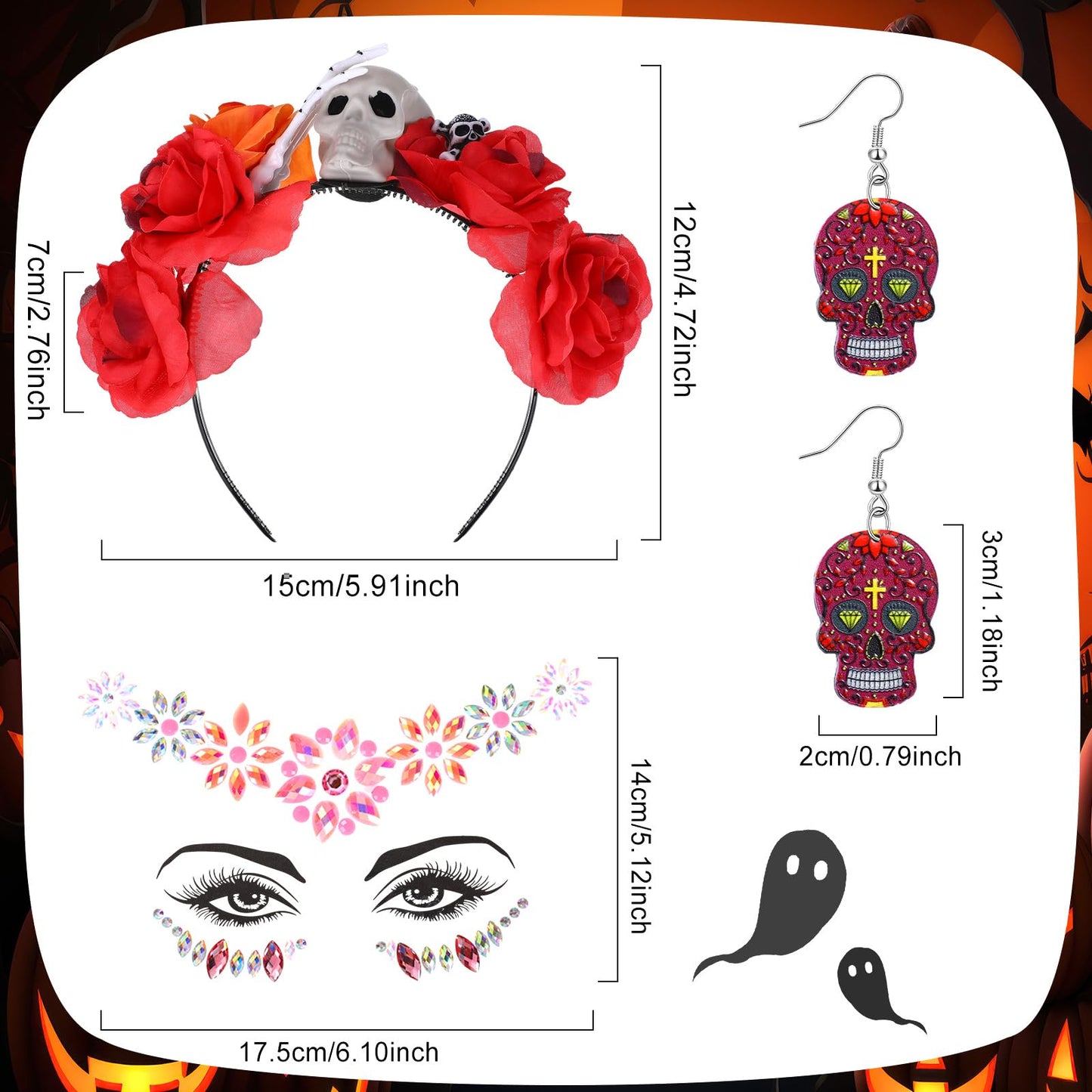 Riceshoot 3 Pcs Day of the Dead Costumes Accessories for Women Halloween Headbands Skull Earrings Gems(Dark Red Hue)