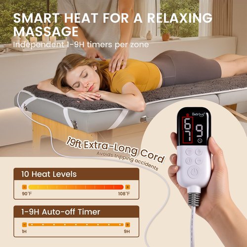 Bearhug Massage Table Warmer - Dual-Zone Heating Pad with 10 Levels & Timer | 30” x 71”, Dark Grey Sherpa Wool