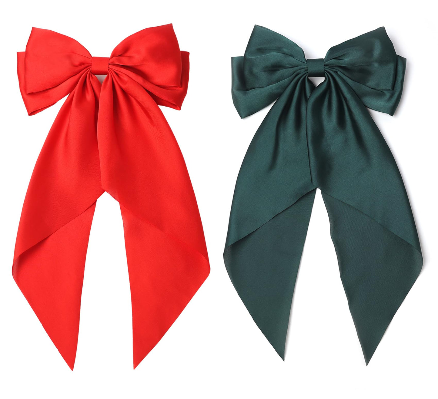 Furling Pompoms Hair Bows for Women,Large Satin Silky Hair Bow Clips Ribbon Long Tail French Barrette Hair Clamps Girls Hair Accessories Party Wedding Charm Green Red Hair Bows