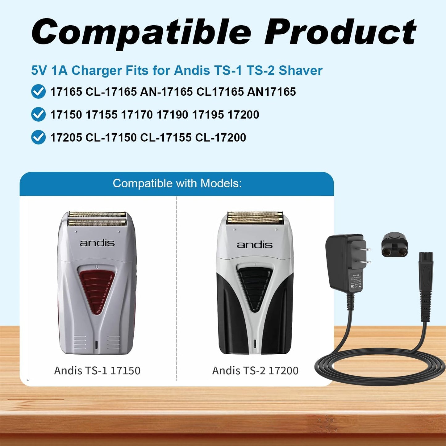 Andis 5V 1A Charger Adapter - Replacement Power Cord for 17150, 17165, TS-1 & TS-2 Foil Shavers