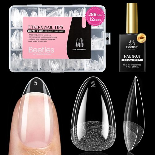 Beetles Gel Nail Kit Etch-X, Almond Short, 288pcs 12 Sizes Nail Tips, with 10ml Hema-Free Nail Glue Gel, Glue on Nails for Acrylic Press On Nail, Pre-Etched Half Matte Extension Set for Home DIY