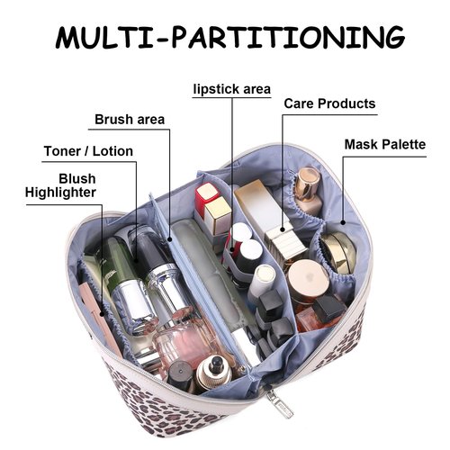 BOYATU Travel Makeup Bags for Women: 3 Pcs Set Large Capacity Leopard Print Leather Cosmetic Bag with Compartments - Open Flat Waterproof Toiletry Skincare Bag Portable Make up Case (02-Beige)