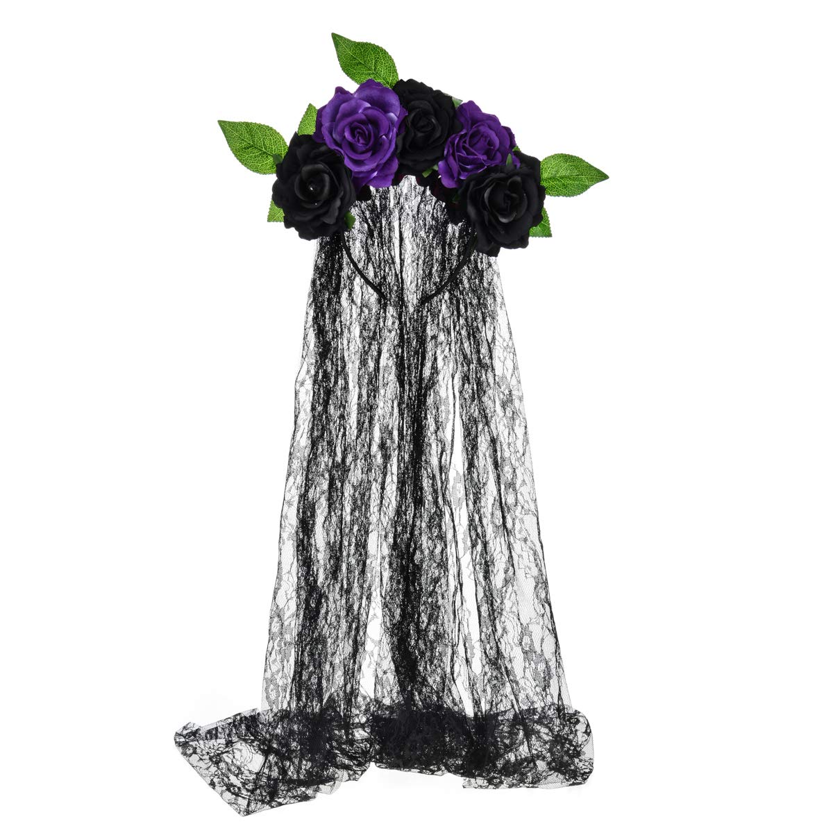 Vividsun Day of The Dead Veil Headband Floral Crown Halloween Costume Rose Flower Headband (black purple)