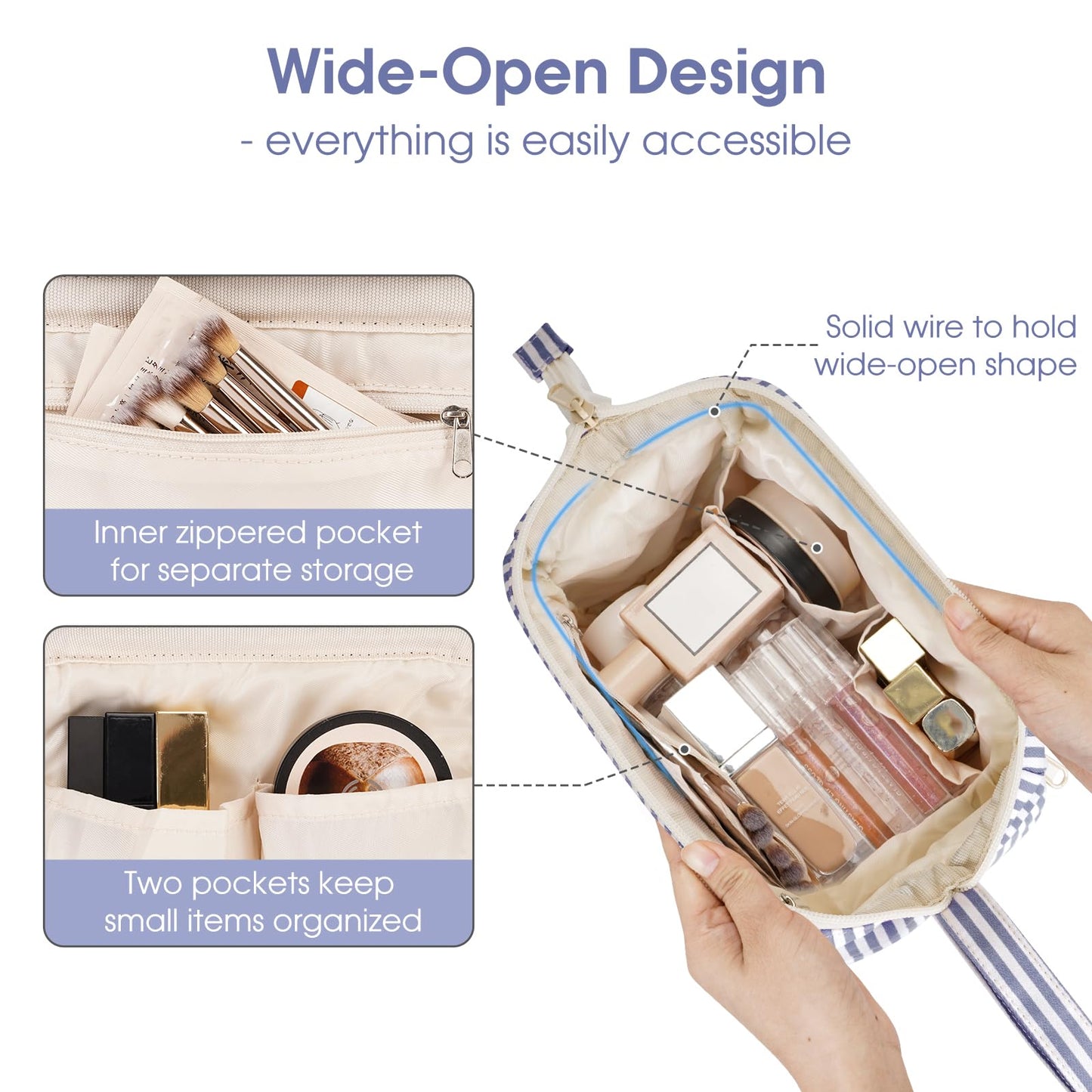 Narwey Striped Wide Open Makeup Bag Women, Travel Toiletry Bag for Women Cosmetic Bag Organizer Make up Bags with Compartments, Gift for Teen Girls (Greyish Blue Stripe)
