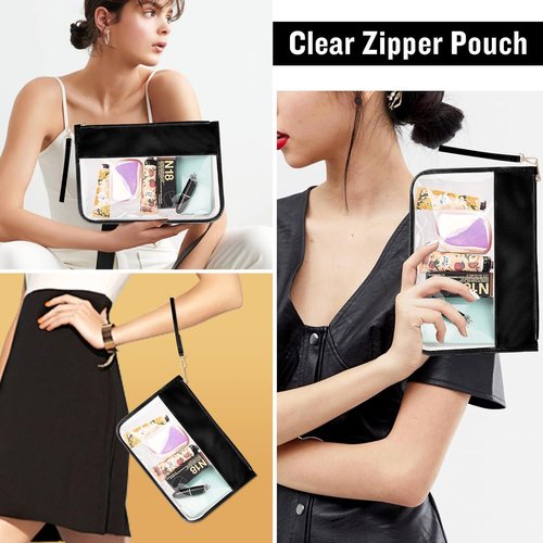 Izuzta Clear PVC Flat Pouch - Waterproof Travel Makeup Bag With Wristlet | Portable Toiletry Cosmetic Pouch (Black)