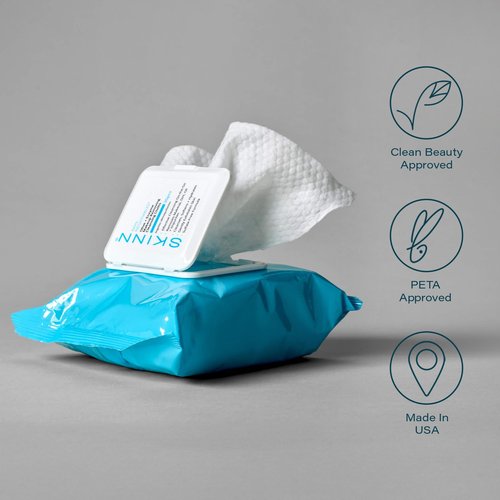 SKINN Facial Cleansing Makeup Remover Wipes - Hydrating Makeup Removing Cloths for Waterproof Mascara, Makeup, Oil, & Dirt - Disposable Face Towelettes that Gently Exfoliates, Cleanses, & Softens Skin