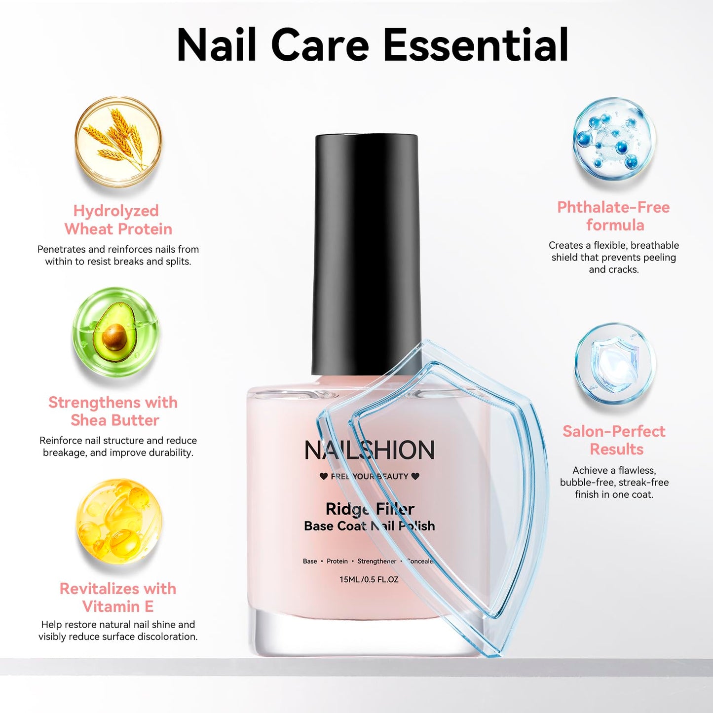 Ridge Filler Base Coat 3-in-1 Nail Strengthener Growth for Damaged Uneven Nails & Ridges, Nourish VE & Protein-Fortifying Leveling Base for Smooth, Flawless Polish | Vegan Cruelty Free