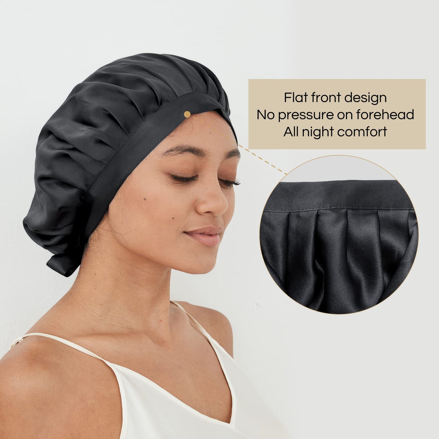 RachelSilk 30 Momme Silk Sleeping Bonnet for Women Night Cap Hair Wrap with Ribbon for Hair Care (Black)