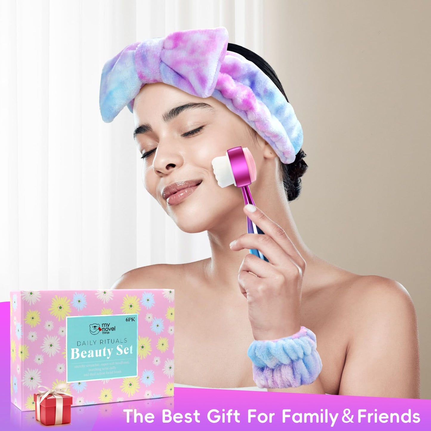 my novel things Facial Cleansing Brush, Headband for Washing Face with Silicone Double Side Manual Face Scrubber Brush, Skincare Headband and Wristband Set, 2 Hair Scrunchie, for Makeup Rainbow