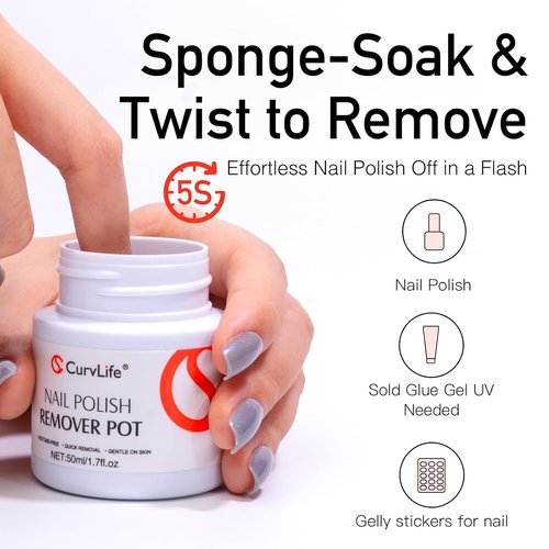 Curvlife Acetone-Free Nail Polish Remover Pot - Quick & Gentle Removal with Jojoba Oil | 50ml/1.7 fl oz