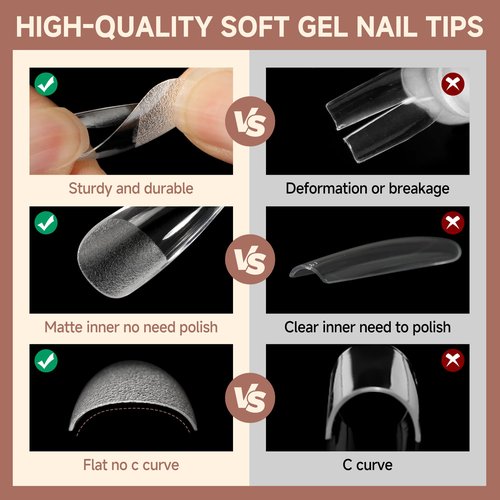 UNA GELLA Coffin Nails Tips, 216 PCS Soft Gel Nail Tips Coffin Half Matte Full Cover False Nails Pre-shaped Clear Acrylic Press on Nails Medium for Nail Extensions Home DIY Salon, 12 Sizes