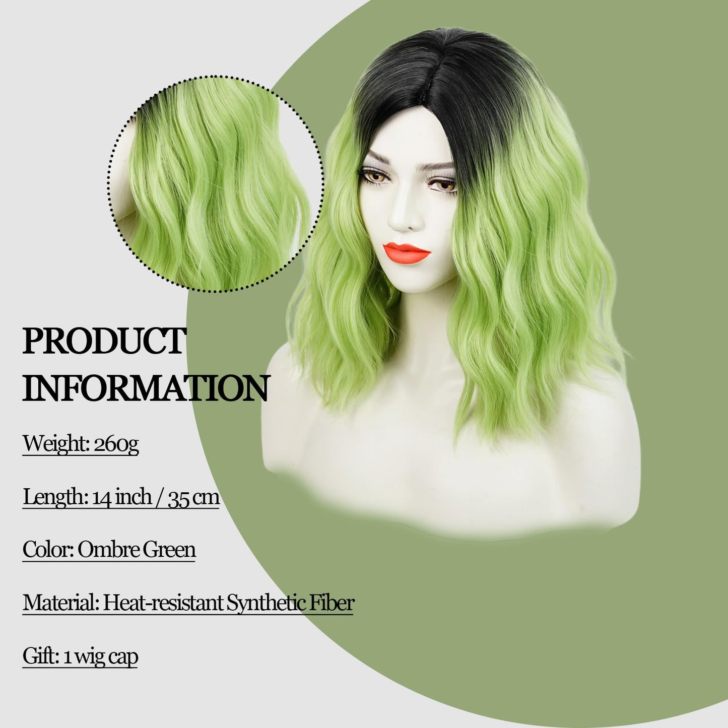 14'' Short Ombre Green Wig Women + Earrings Accessories, Shoulder Length Wavy Green Bob Wig St.Patrick's Day Wig + Wig Cap for Halloween Costume Party Cosplay