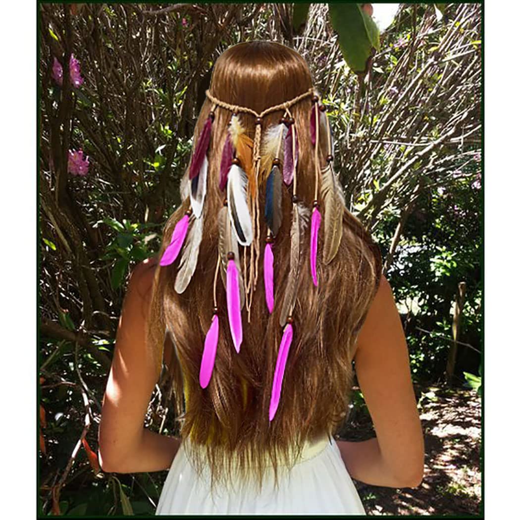 CAKURE Boho Feather Headbands Indian Peacock Headpiece Gypsy Hair Band Adjust Headdress Handmade Feather Hair Accessories (Set 7)