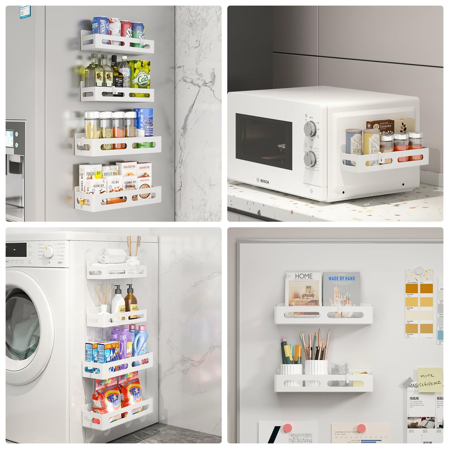 4 Pack Strong Magnetic Spice Rack for Refrigerator, Multipurpose Magnetic Shelf for Fridge with 4 Hooks for kitchen and Bathroom Organization, Black