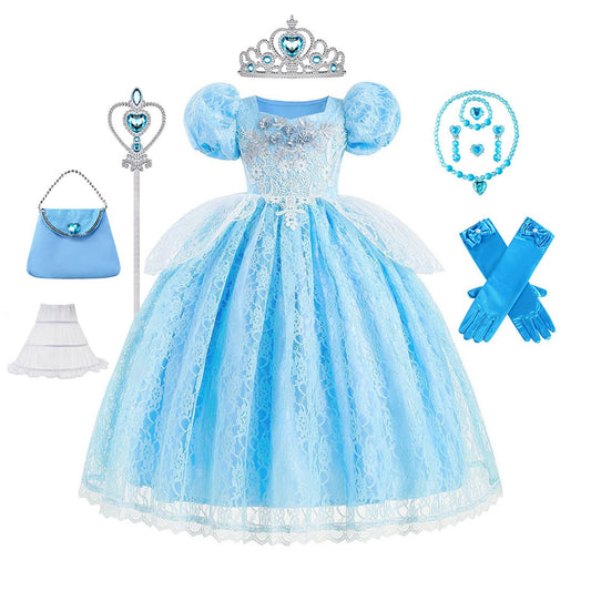 LJNYIE Princess Dresses for Girls-Girls Blue Princess Costume Puff Sleeve 3-11 Year Old for Birthday Christmas Party（8-9 Years）