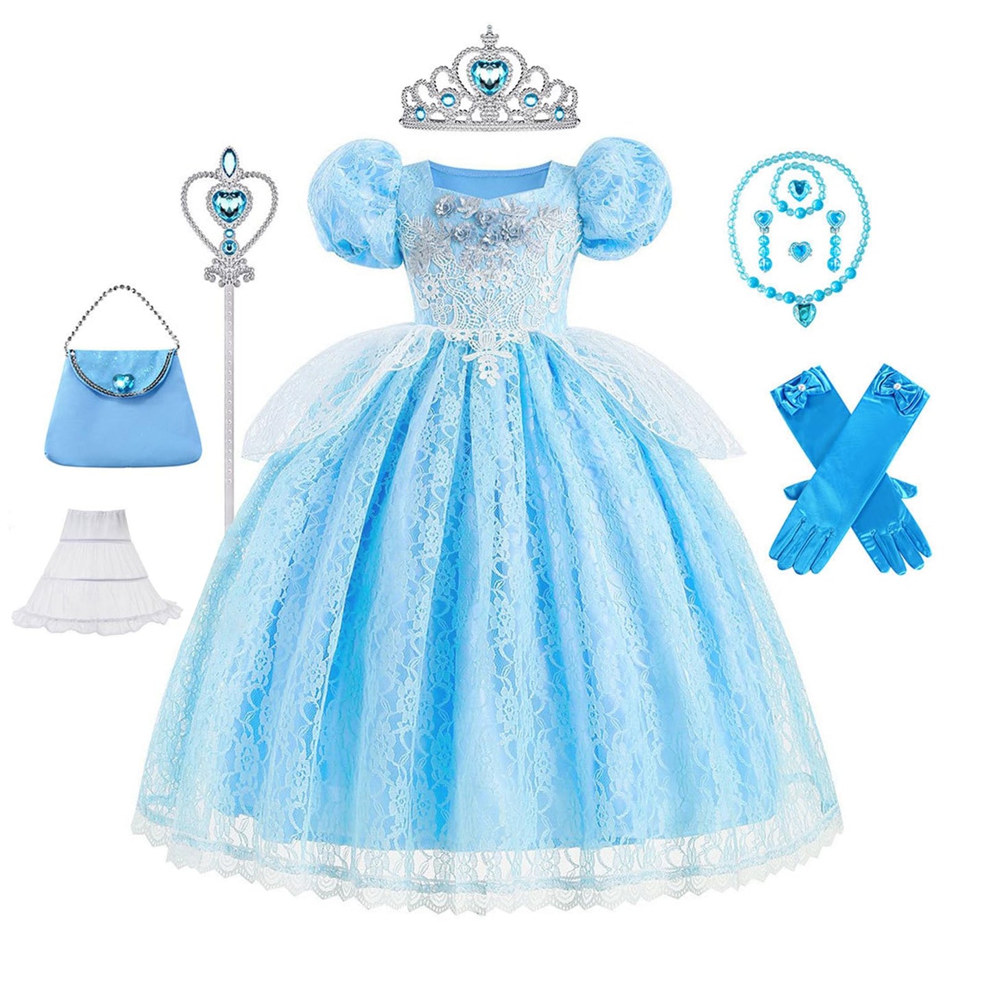 LJNYIE Princess Dresses for Girls-Girls Blue Princess Costume Puff Sleeve 3-11 Year Old for Birthday Christmas Party（5-6 Years）