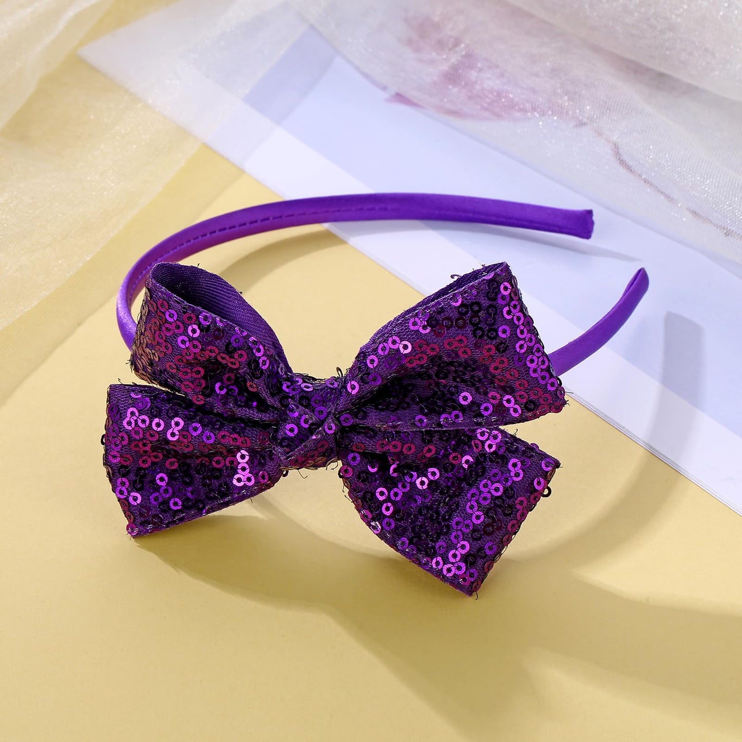 Kiszu Sparkly Sequin Hair Bow Headband for Girls, Kids, and Toddlers - Fashion Cute Boutique Style Hair Accessory - 1 Piece (Dark Purple)