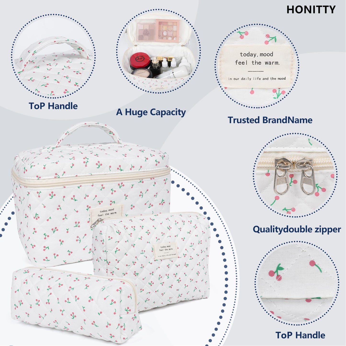 Makeup Bag,Quilted Cosmetic Bag,Large Floral Make Up Bag for Women,Cotton Makeup Bag Set,Flower Travel Toiletry Bag