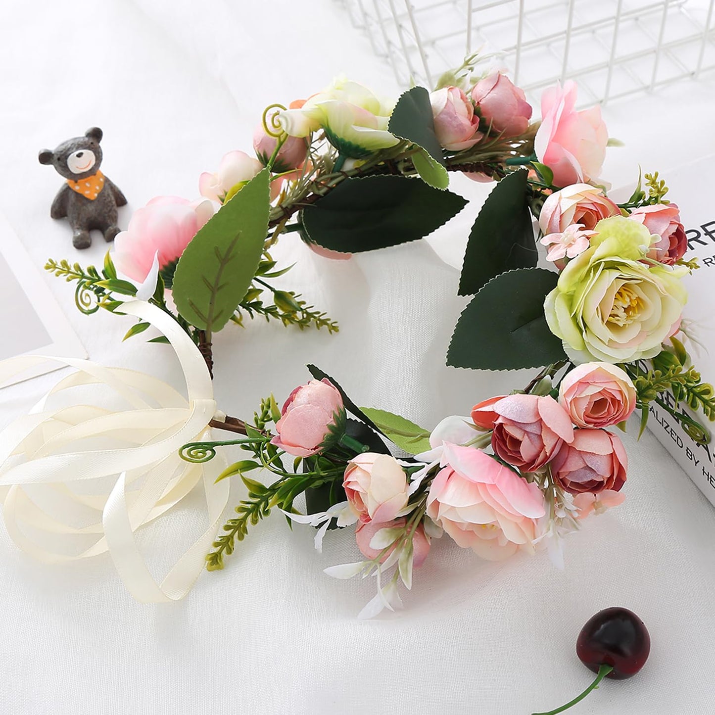 YnimioAOX Handmade Adjustable Flower Wreath Headband Halo Floral Crown Garland Headpiece,E0015-pink white