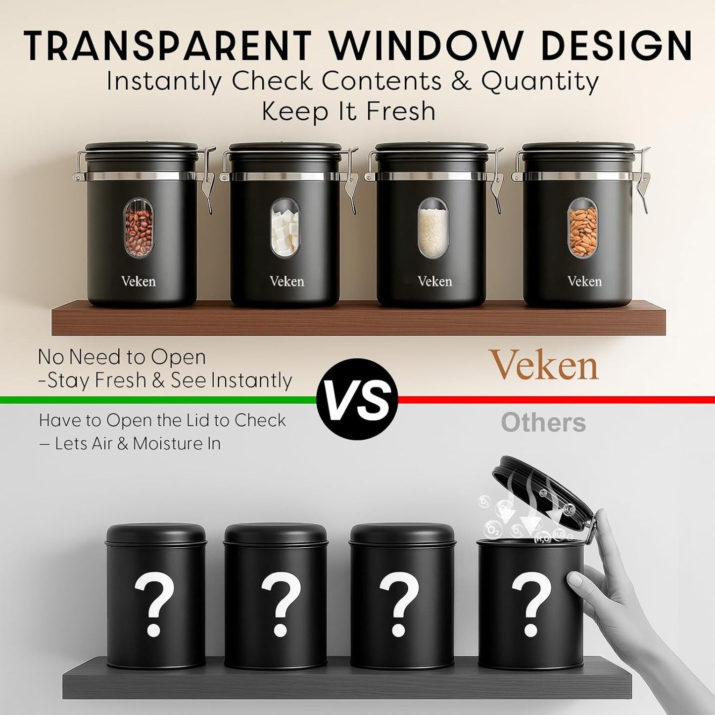 Veken Coffee Canister with Window, Airtight Stainless Steel Kitchen Food Storage Container with Lids, Date Tracker and Scoop for Grounds Coffee, Beans, Tea, Flour, Cereal, Sugar Jars, 16OZ, Black