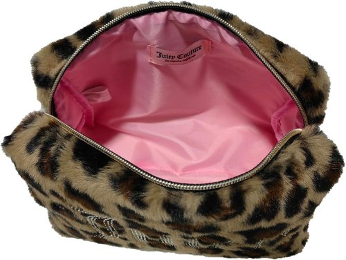 Juicy Couture Makeup Bag - Leopard Print Faux Fur Organizer for Travel Essentials | Zip Top Design