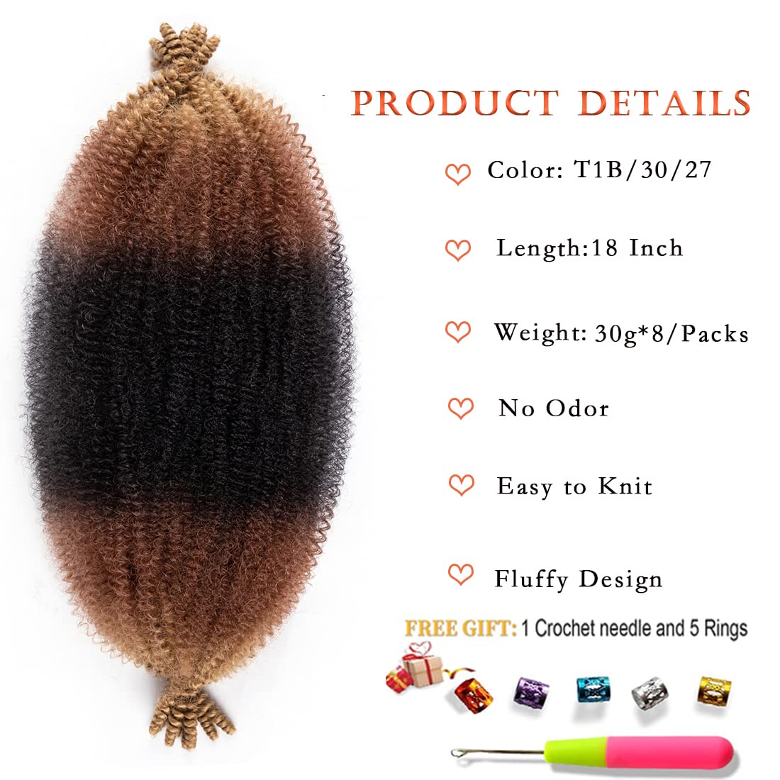 8 Packs Pre-Separated Springy Afro Twist Hair Suitable for Damaged Soft Locs Synthetic Marley Twist Braiding Hair (1B/30/27, 18 Inch (Pack of 3))