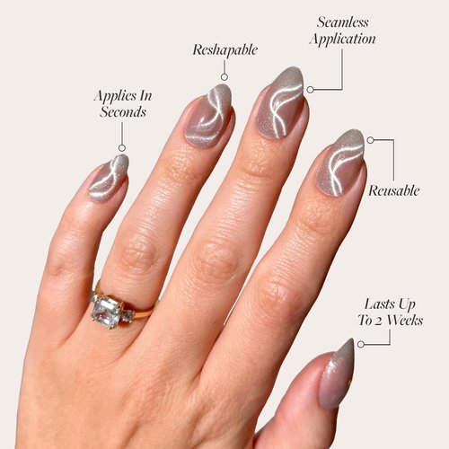 Glamnetic x GLAMZILLA Press On Nails - WOO-MAN! | Gray Short Almond Fake Nails with Velvet Cat Eye, Salon Quality, Everyday | 15 Sizes - 30 Nail Kit with Glue