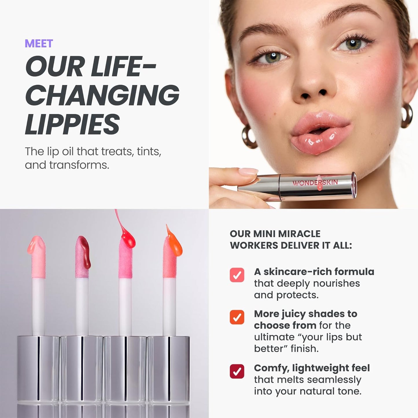 Wonderskin Lip Oil Rehab Serum - Hydrating Tinted Lip Oil for Women | Non-Sticky Red Tint (Amour)
