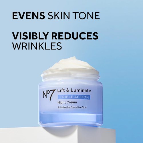 No7 Lift & Luminate Night Cream - Anti-Wrinkle Collagen Peptide Moisturizer with Hyaluronic Acid & Hibiscus - 1.7 Fl Oz for Radiant Skin